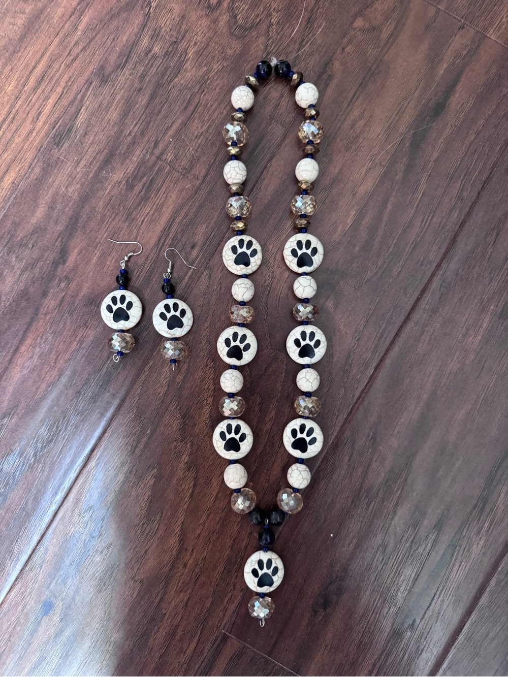 Handmade Paw Print Bead Necklace and Earring Set - Black and Cream